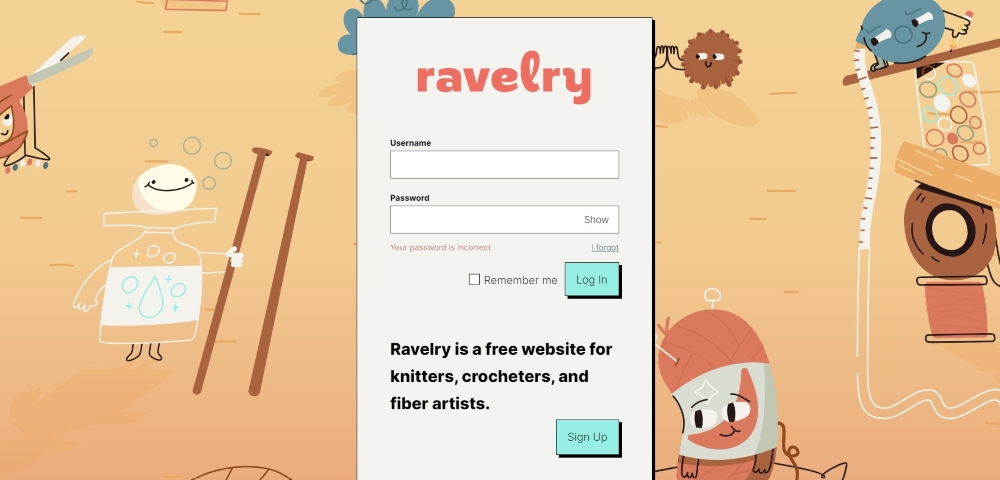 Login-page of the platform Ravelry